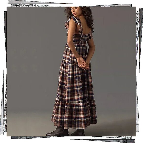 Plaid Flutter-Sleeve Button Front Tiered Midi Dress (XS) by Pilcro - Picture 5 of 6